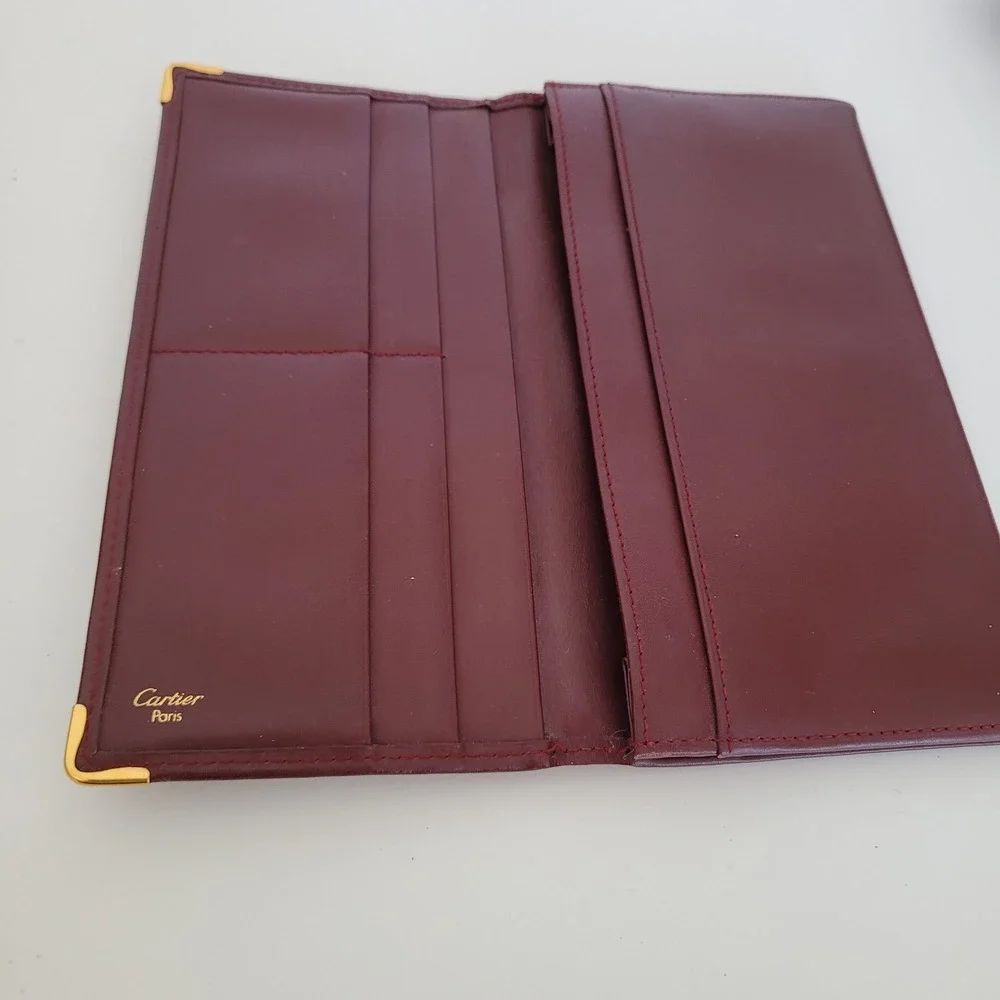 Cartier Must de Cartier Burgundy Leather Long Bifold Wallet Gold Corners Italy